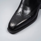 Black genuine leather chelsea dress boot toe with brogue perforation detailing