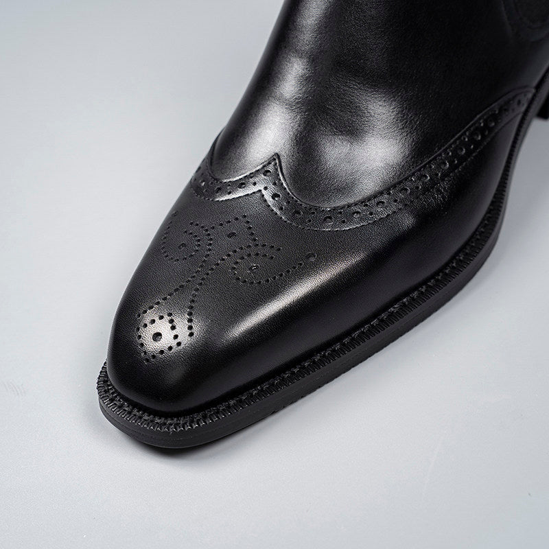Black genuine leather chelsea dress boot toe with brogue perforation detailing
