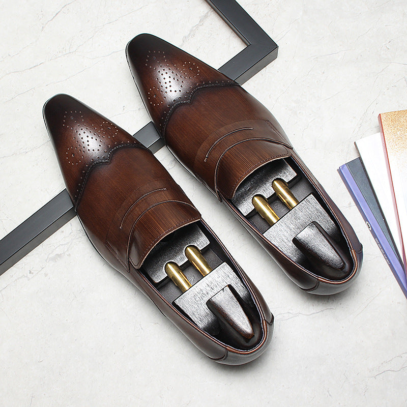 Brogue Slip-On Men's Business Casual Loafers Pointed Toe Dress Shoes