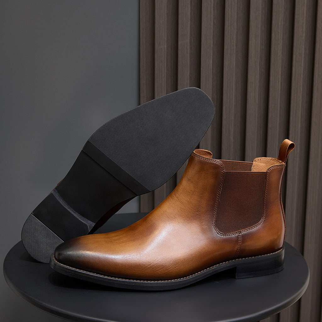 Burnished Leather Plain Toe Chelsea Boots for Men