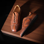 Men's genuine leather lace-up sneakers, brown leather with contrast dark side stripe