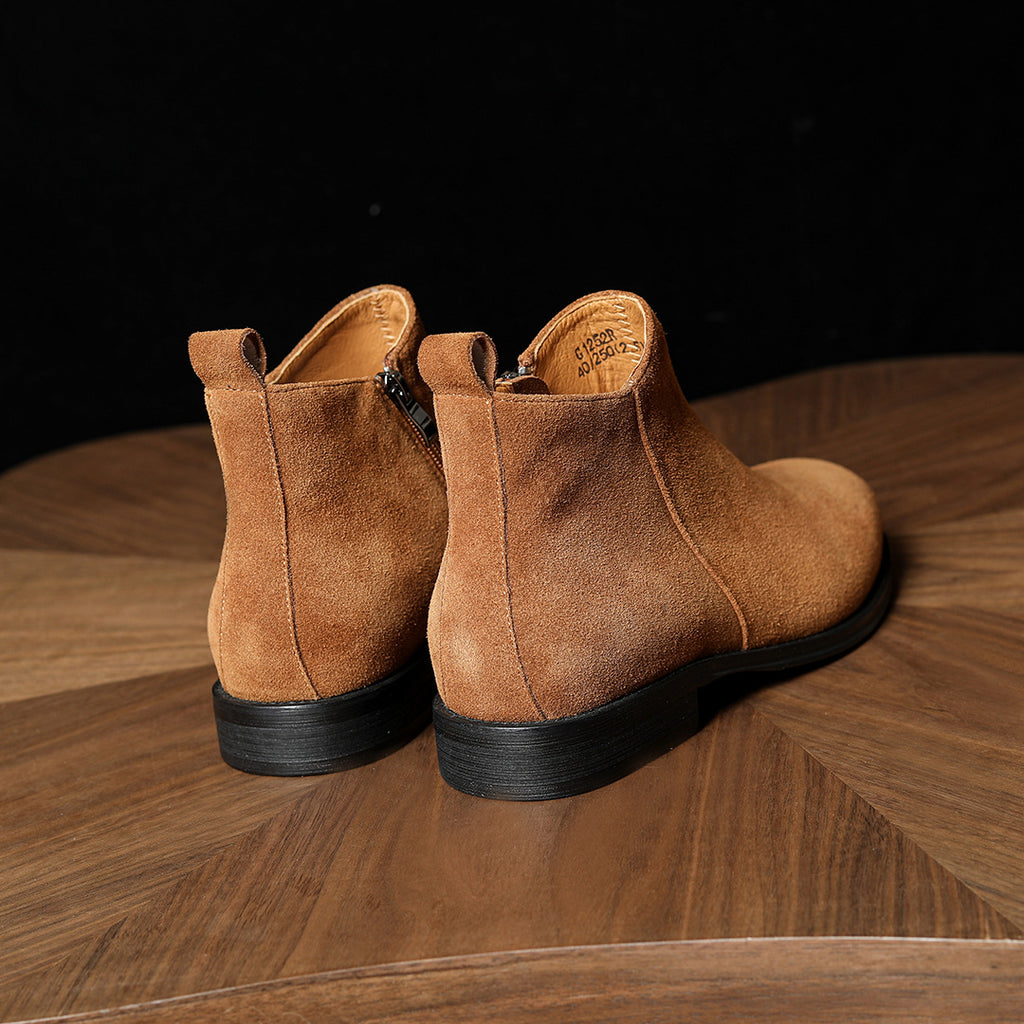 Men's pointed-toe leather side-zip dress boots, back view of brown suede boots