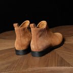Men's pointed-toe leather side-zip dress boots, back view of brown suede boots