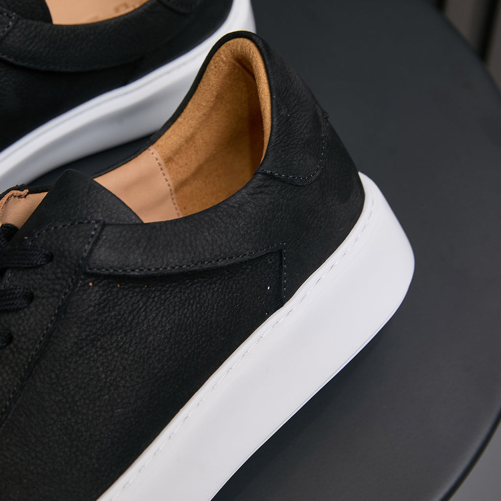 Men's genuine leather sneakers, black, padded collar and tan-lined interior