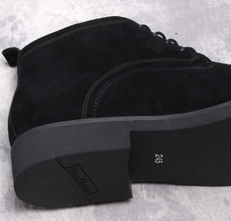 Men's dark suede boot outsole with tread and heel, side view