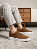 Men's genuine leather sneakers, brown suede-look upper with white rubber sole