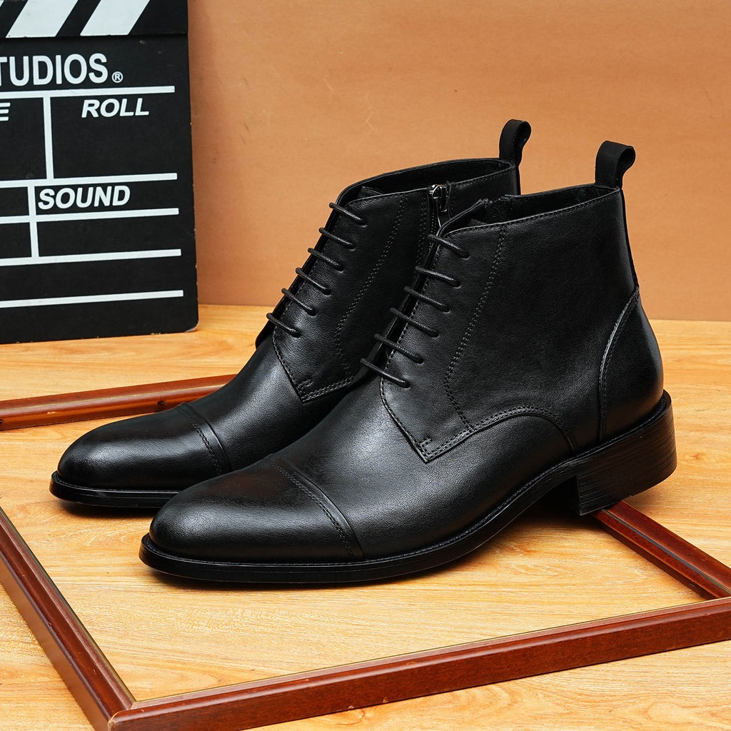 Men's Cap Toe Decorative Lace-Up Leather Zip Boots