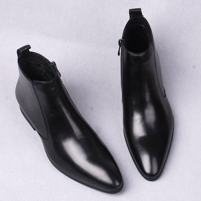 Men's black leather dress boots with thick sole and side zipper detail