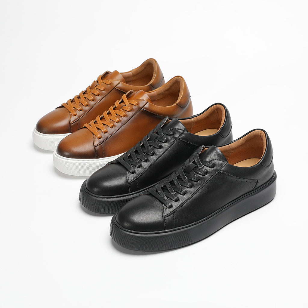 Men's leather sneakers, black and brown, lace-up style with low-profile rubber soles