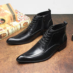 Black leather formal dress boots, thick sole, lace-up with side zipper, ankle height