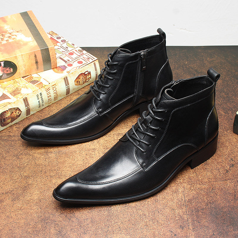 Black leather formal dress boots, thick sole, lace-up with side zipper, ankle height