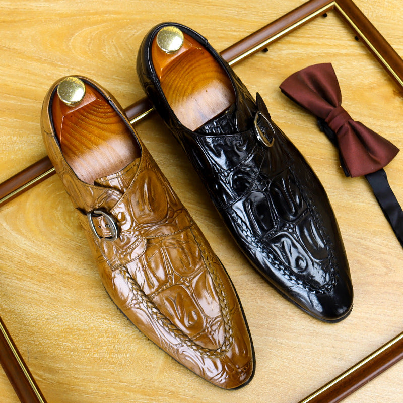 Men's Allover Croc Embossed Pointed Toe Single Monk Shoes