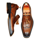 Men's Perforated Brogue Tassel Square Toe Leather Loafers