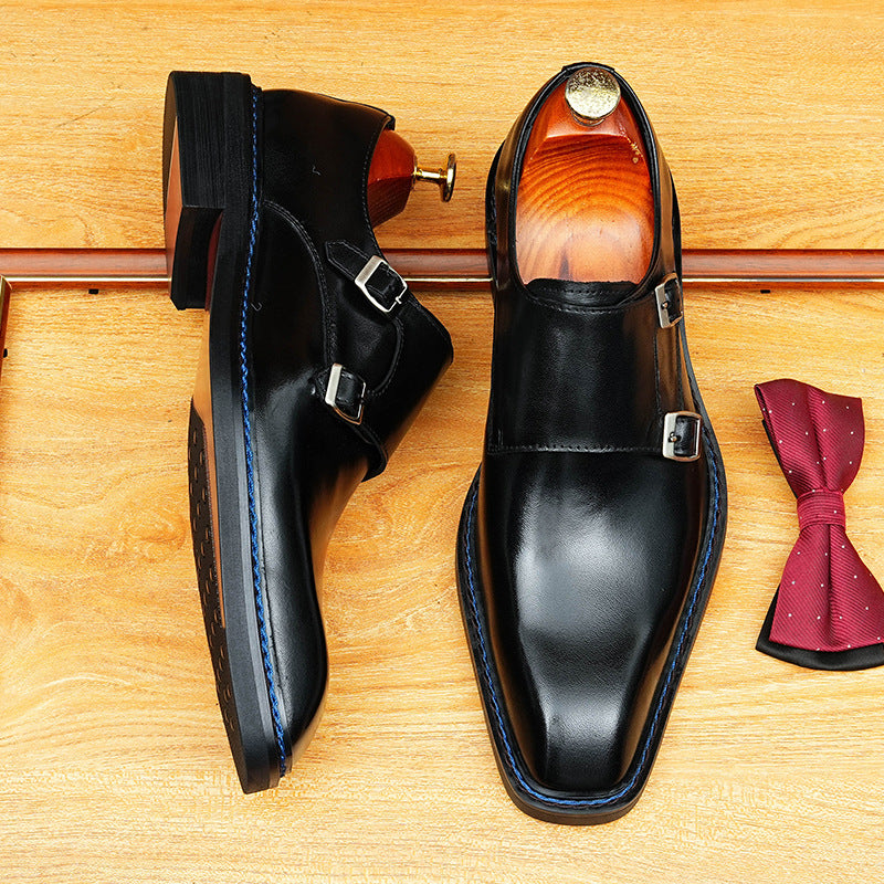 Men's Streamlined Pointed Toe Double Monk Strap Leather Shoes
