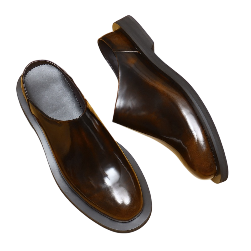 Men's Burnished Round Toe Chunky Sole Mule Loafers