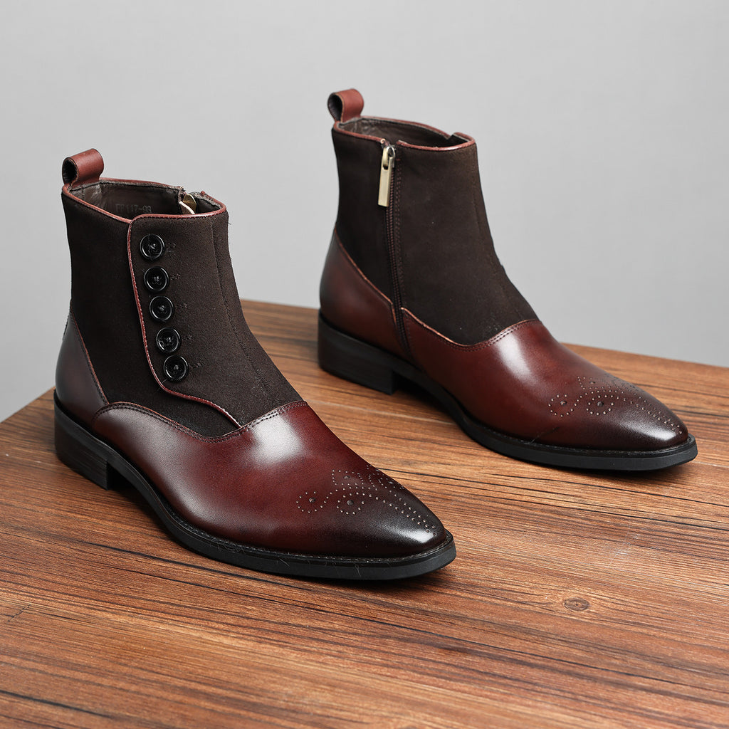 Pair of dark brown leather ankle boots with side zip and thick sole on wooden floor