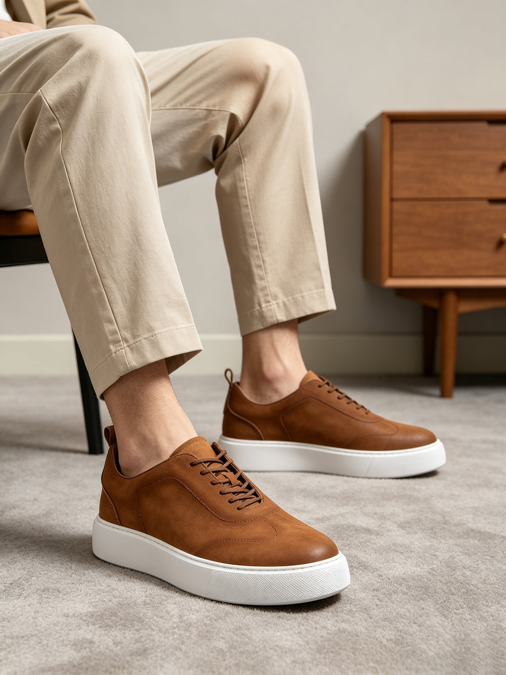 Brown leather sneakers with lace-up front and white rubber sole