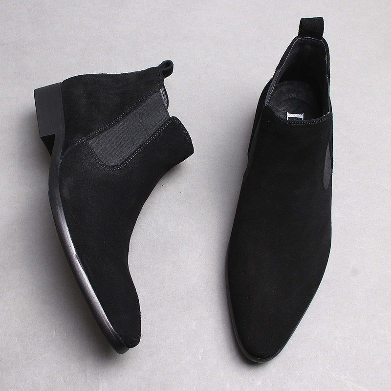 Men's genuine leather Chelsea dress boots, black, slip-on with elastic side panels