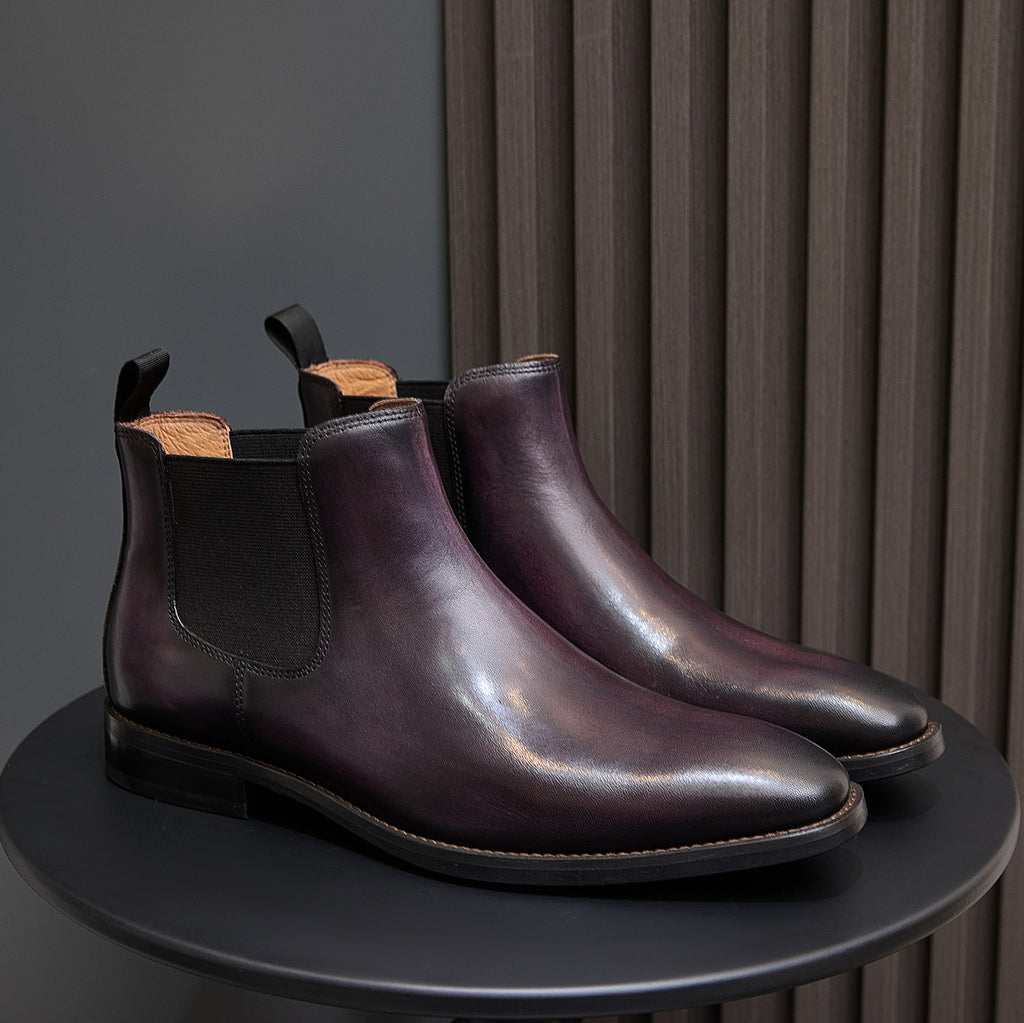 Burnished Leather Plain Toe Chelsea Boots for Men