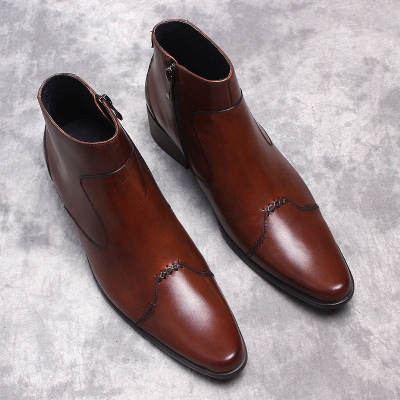 Dark brown leather formal side-zip dress boots with thick sole