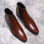 Dark brown leather formal side-zip dress boots with thick sole