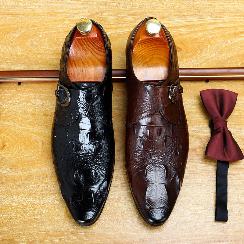 Men's Croc Embossed Pointed Toe Single Monk Leather Shoes