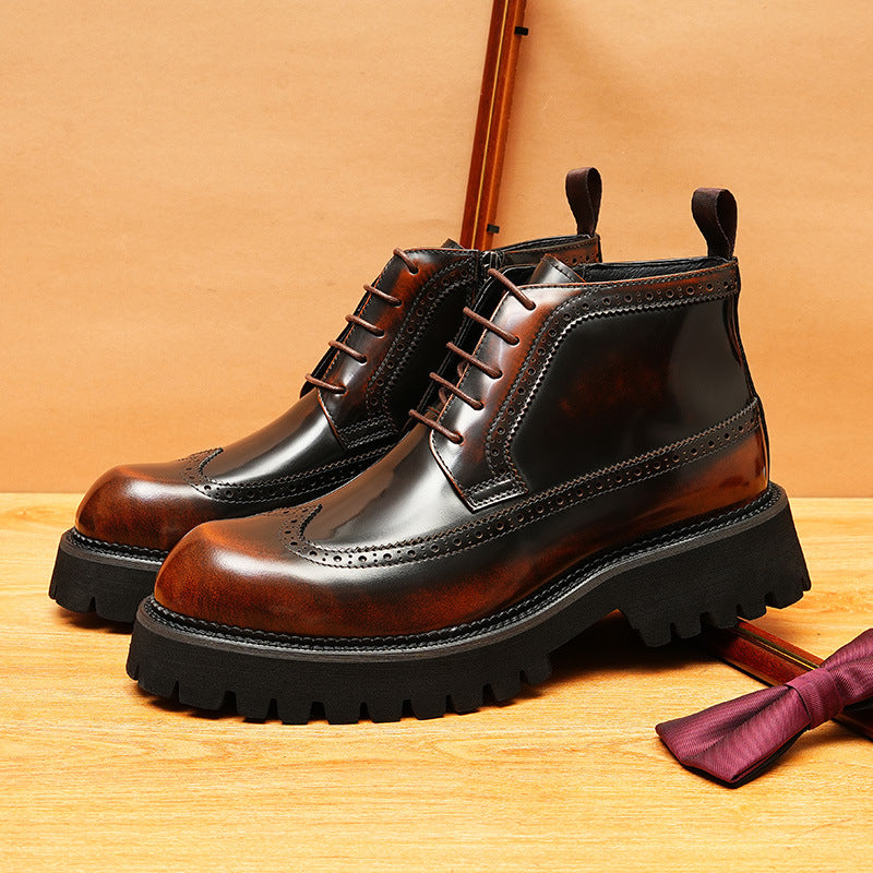 Men's Brogue Decorative Lace-Up Thick Sole Zip Boots