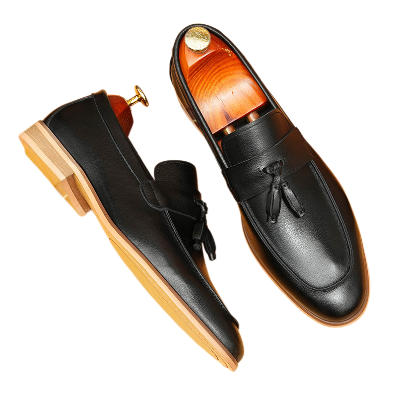 Men's Black Gray Pointed Toe Tassel Leather Loafers