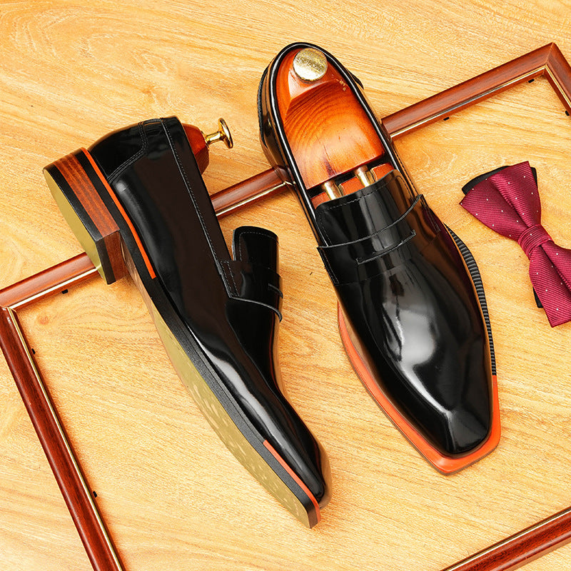 Men's Glossy Faceted Square Toe Leather Loafers