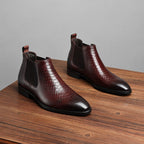 Men's genuine leather Chelsea dress boots, brown with side elastic gore and textured leather