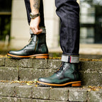 Men's pointed-toe leather side-zip lace-up boots, dark green with lug rubber sole