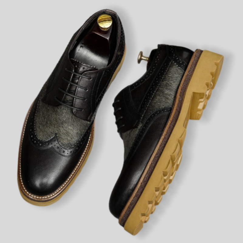 Men's Chunky Lug Sole Wingtip Brogue Leather Derby Shoes