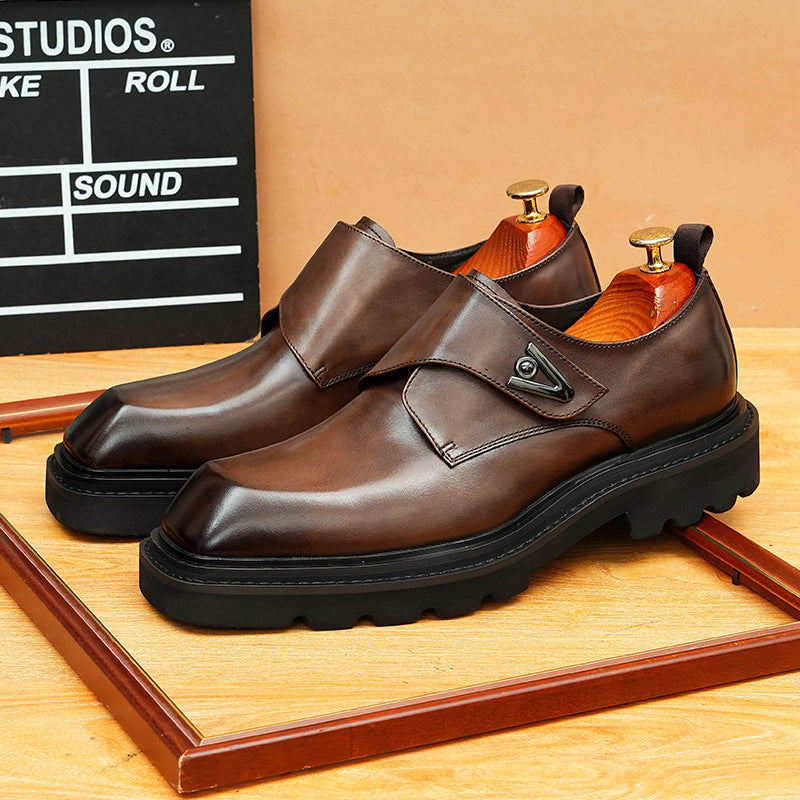 Men's Black Dark Brown Square Toe Single Monk Leather Shoes