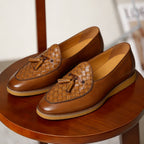 Men's Woven-Pattern Leather Tassel Dress Loafers