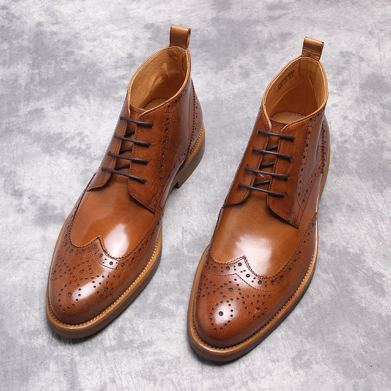 Men's brown wingtip lace-up dress boots, two-tone upper, low-profile heel