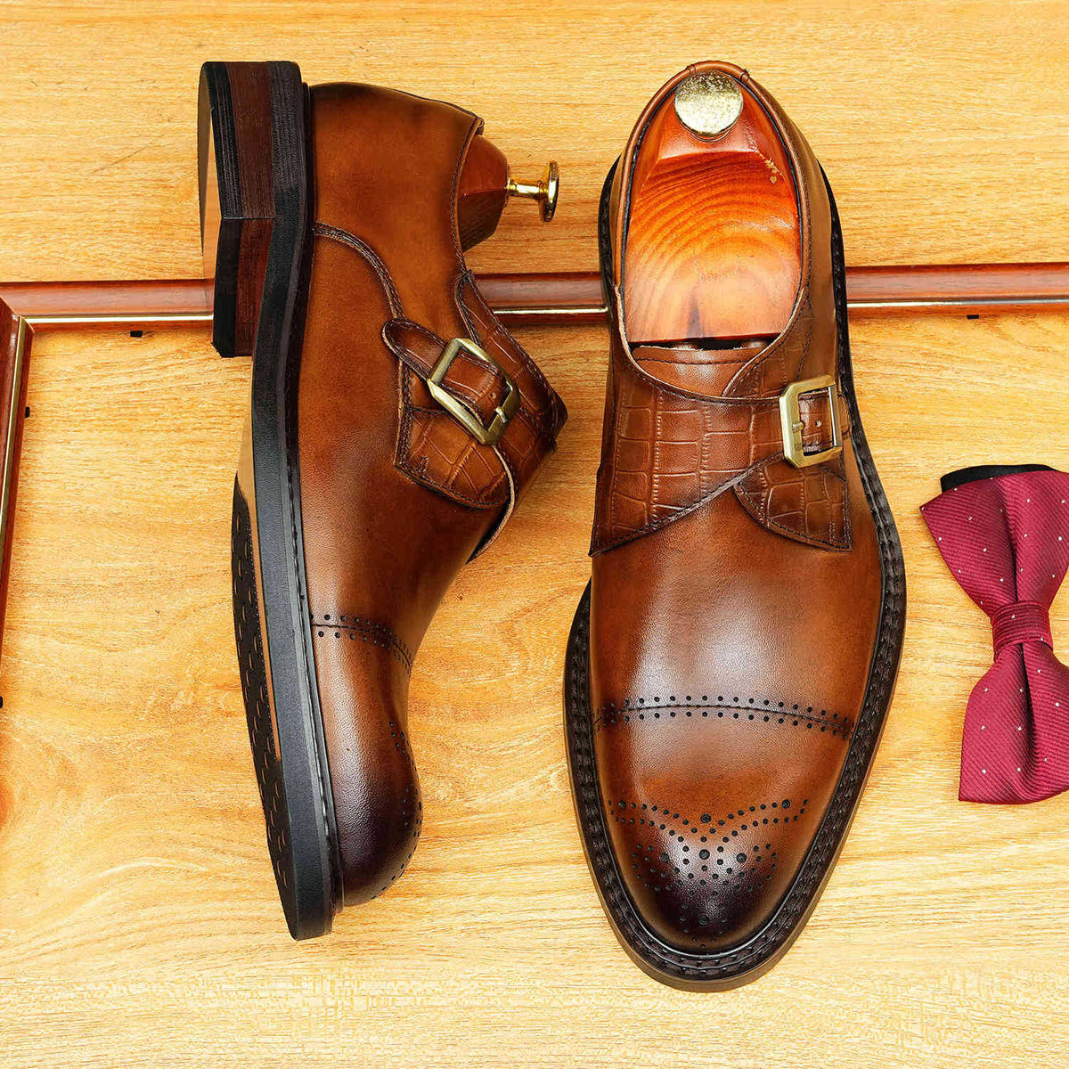 Men's Cap Toe Single Monk Strap Pointed Leather Shoes
