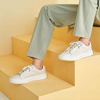 Men's genuine leather sneakers, white low-top with lace-up closure and rubber sole