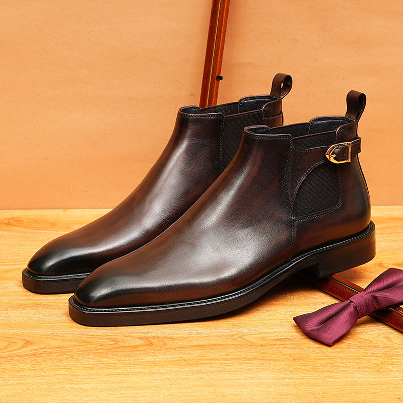 Men's Pointed Toe Buckle Leather Slip-On Chelsea Boots