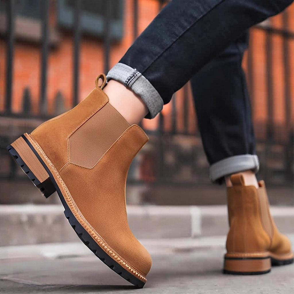 Round Plain Toe Suede Contrast-Welt Chelsea Boots for Men