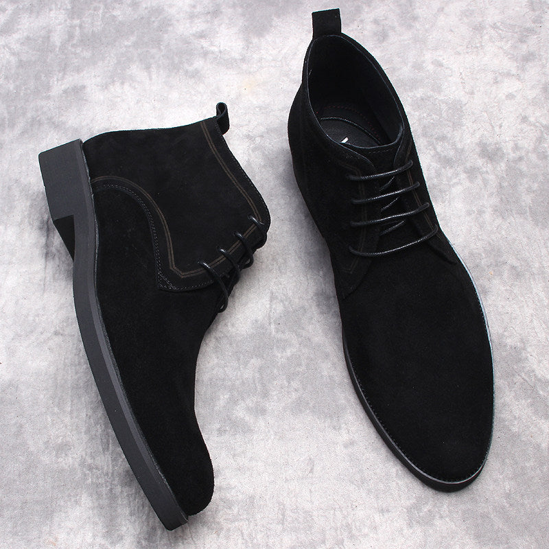 Men's dark lace-up dress boots, suede uppers, round toe, low heel