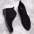 Men's dark lace-up dress boots, suede uppers, round toe, low heel