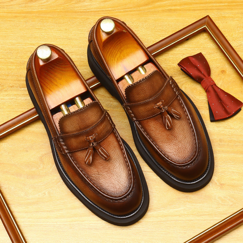 Men's Round Toe Tassel Platform Leather Dress Loafers