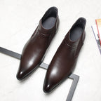 Men's dark brown leather Chelsea dress boots, pair view, slip-on with elastic sides
