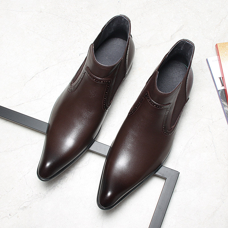 Men's dark brown leather Chelsea dress boots, pair view, slip-on with elastic sides