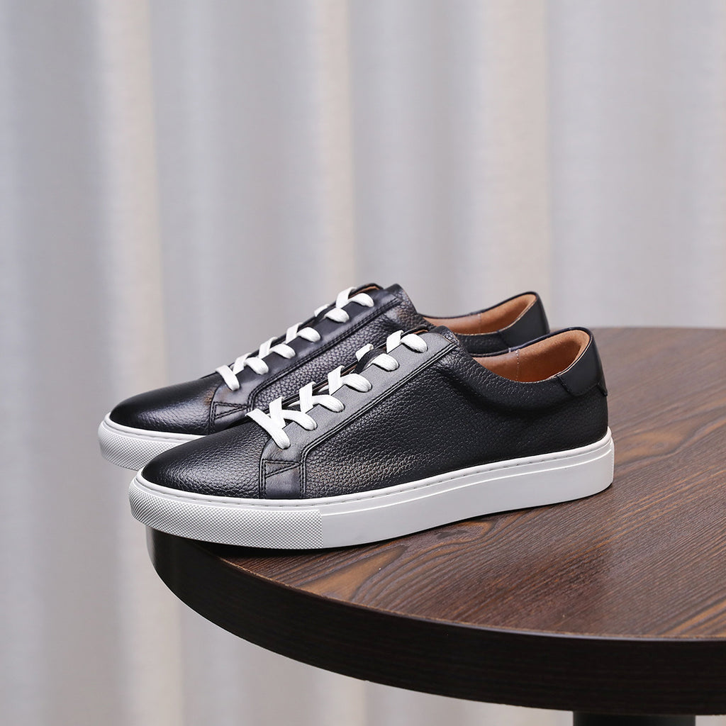 Men's genuine leather lace-up sneakers, black upper with white rubber sole