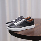 Men's genuine leather lace-up sneakers, black upper with white rubber sole