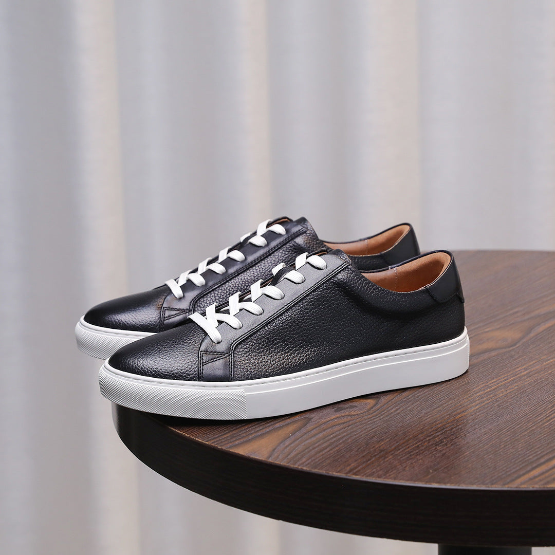 Men's genuine leather lace-up sneakers, black upper with white rubber sole