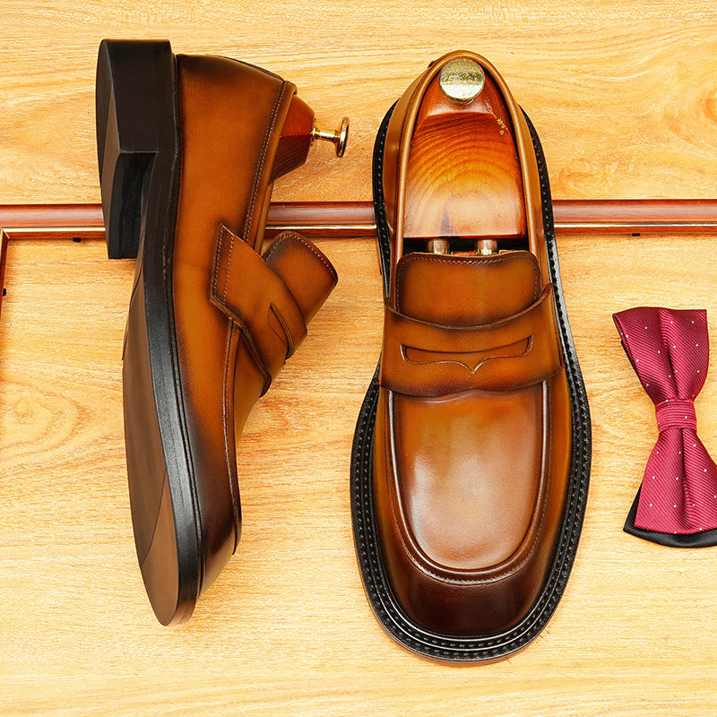 Men's Burnished-Style Broad Round Toe Leather Loafers