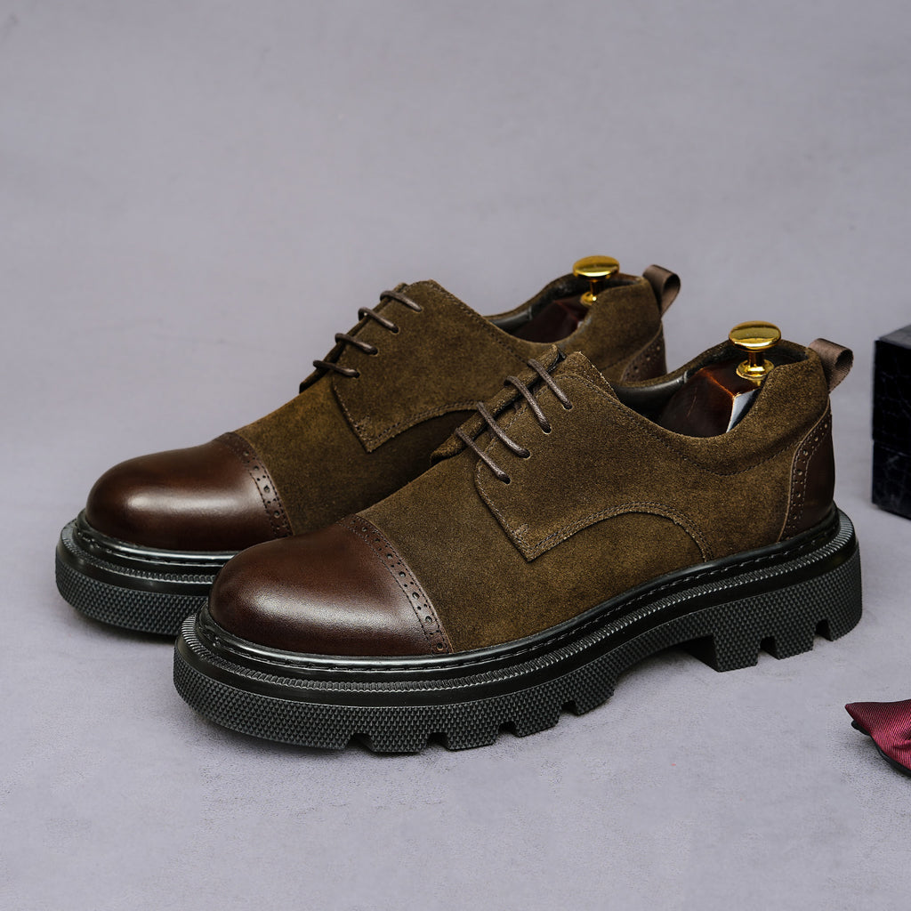 Dark brown suede lace-up wingtip brogue oxfords with chunky lug outsole