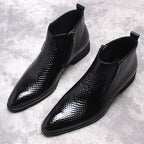 Men's black textured leather ankle boots with side zip, thick sole, pair view